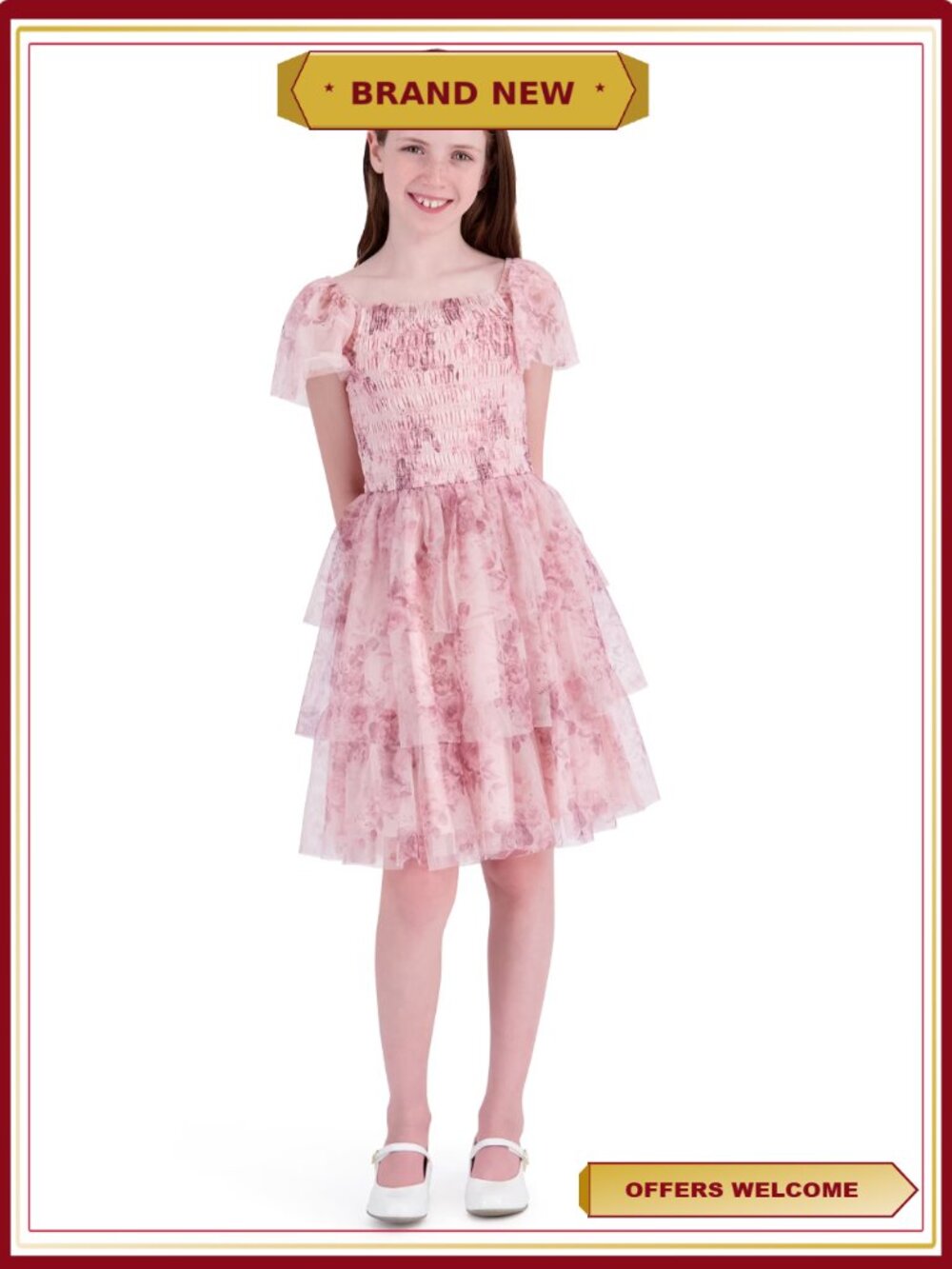 Girls Floral Printed Mesh Dress Sleeveless Tiered Smocked Square Neck